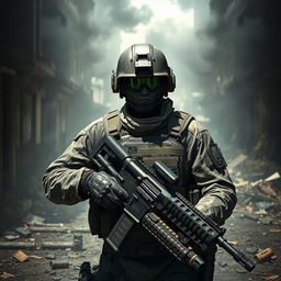 A hyper-realistic artwork of a soldier in modern combat gear, reminiscent of the iconic aesthetic of Call of Duty: Modern Warfare 3