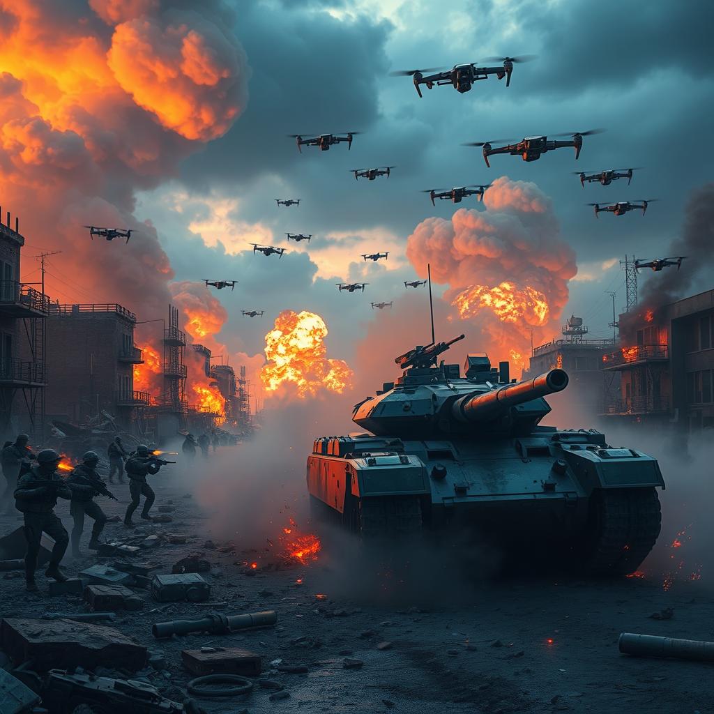 A dramatic scene depicting a hypothetical World War 3 scenario, showcasing a chaotic battlefield filled with advanced military technology