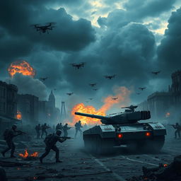 A dramatic scene depicting a hypothetical World War 3 scenario, showcasing a chaotic battlefield filled with advanced military technology