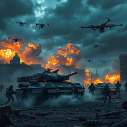 A dramatic scene depicting a hypothetical World War 3 scenario, showcasing a chaotic battlefield filled with advanced military technology