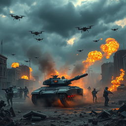 A dramatic scene depicting a hypothetical World War 3 scenario, showcasing a chaotic battlefield filled with advanced military technology