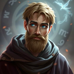 A 33-year-old human wizard with light brown short hair and a short full beard, featuring striking blue eyes