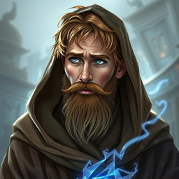 A 33-year-old human wizard with light brown short hair and a short full beard, featuring striking blue eyes