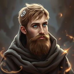 A 33-year-old human wizard with light brown short hair and a short full beard, featuring striking blue eyes