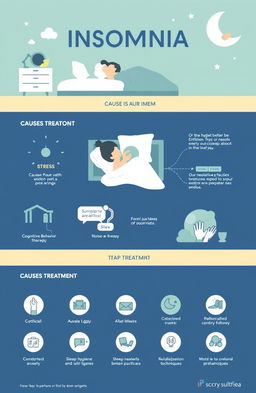 A visually engaging infographic that explores insomnia, showcasing its causes and treatments in a clear and informative layout