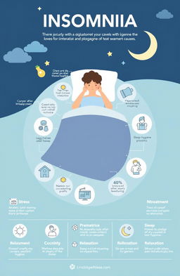 A visually engaging infographic that explores insomnia, showcasing its causes and treatments in a clear and informative layout