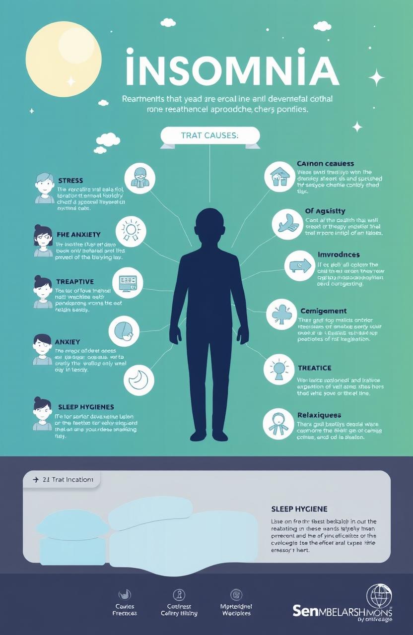 A visually engaging infographic that explores insomnia, showcasing its causes and treatments in a clear and informative layout
