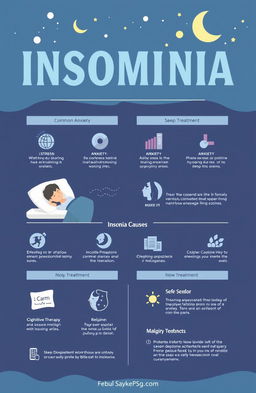 A visually engaging infographic that explores insomnia, showcasing its causes and treatments in a clear and informative layout