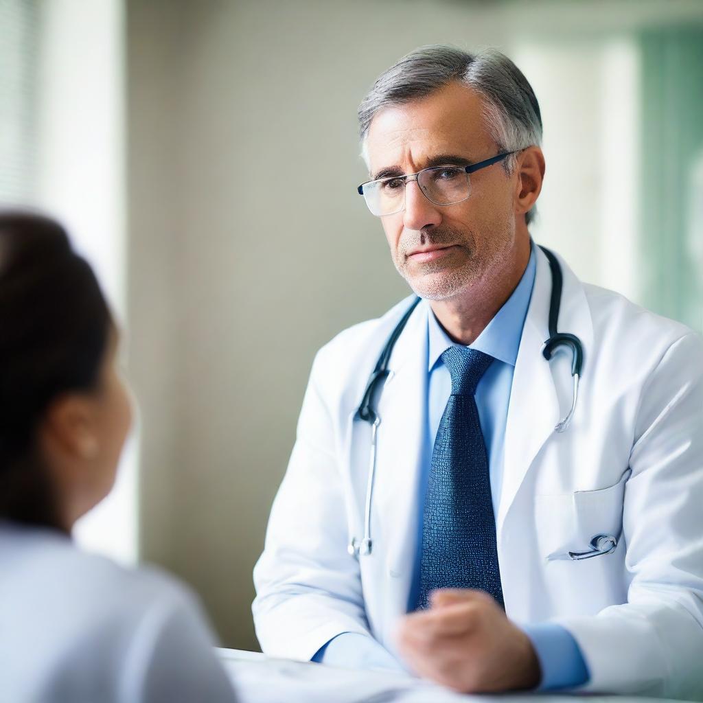 A professional doctor in white coat is having a serious conversation with a patient in a clean, well-lit medical office.