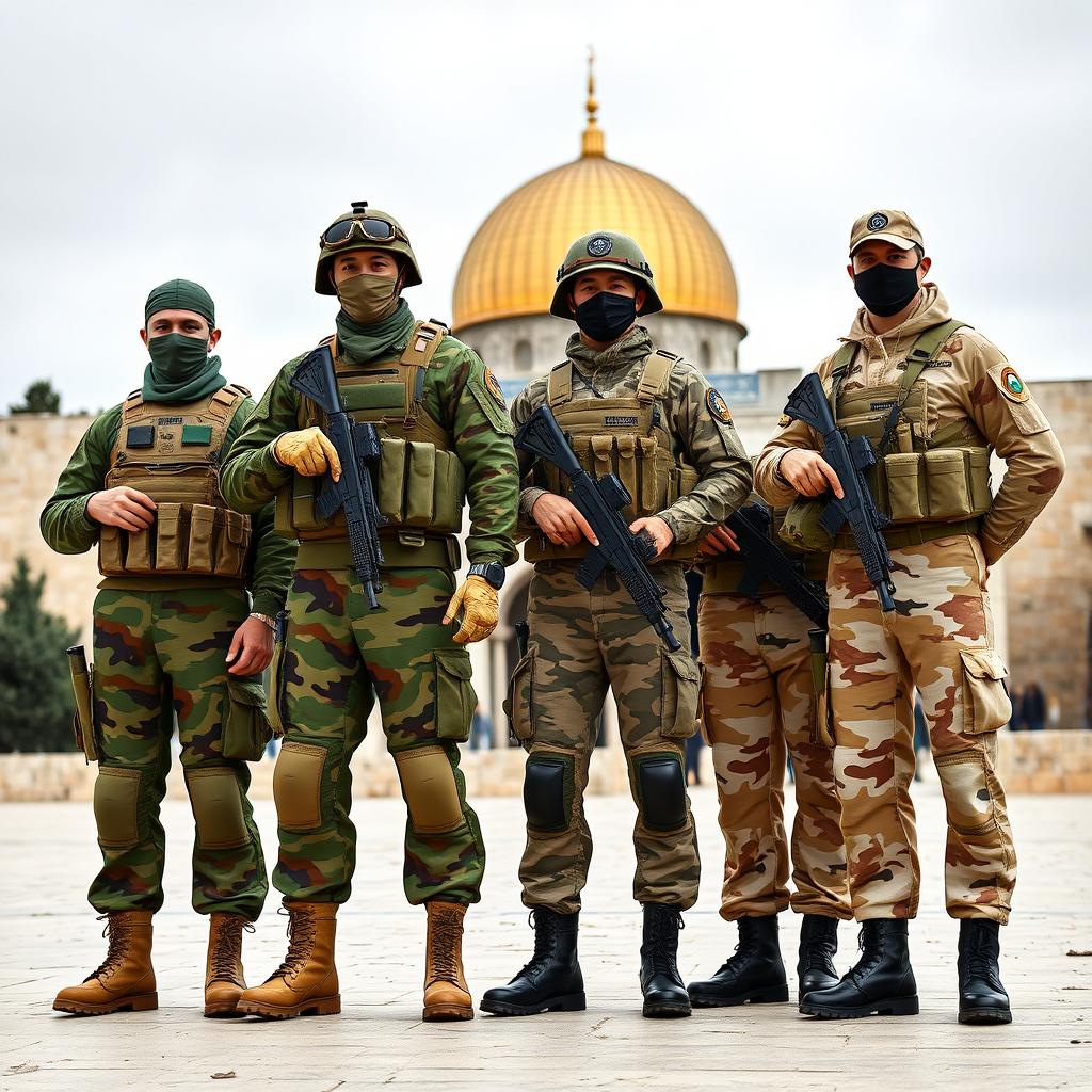 Four confident soldiers standing in front of the Al-Aqsa Mosque, dressed in diverse military uniforms