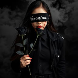 A full body photograph of a beautiful young Asian woman with long hair, her eyes covered with a black cloth featuring the name 'Veronica' written in white