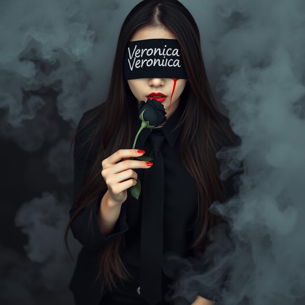 A full body photograph of a beautiful young Asian woman with long hair, her eyes covered with a black cloth featuring the name 'Veronica' written in white