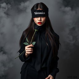 A full body photograph of a beautiful young Asian woman with long hair, her eyes covered with a black cloth featuring the name 'Veronica' written in white