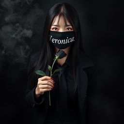 A full body photograph of a beautiful young Asian woman with long hair, her eyes covered with a black cloth featuring the name 'Veronica' written in white