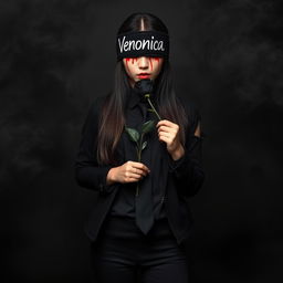 A full body photograph of a beautiful young Asian woman with long hair, her eyes covered by a black cloth adorned with the name 'Veronica' in striking white lettering