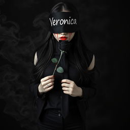 A full body photograph of a beautiful young Asian woman with long hair, her eyes covered by a black cloth adorned with the name 'Veronica' in striking white lettering
