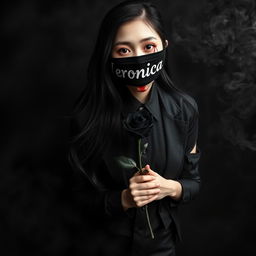 A full body photograph of a beautiful young Asian woman with long hair, her eyes covered by a black cloth adorned with the name 'Veronica' in striking white lettering