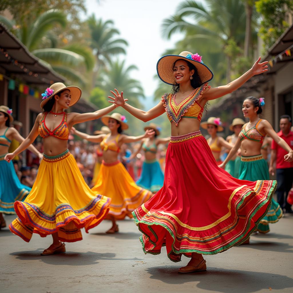 A vibrant scene featuring Cuban dancers performing a traditional dance