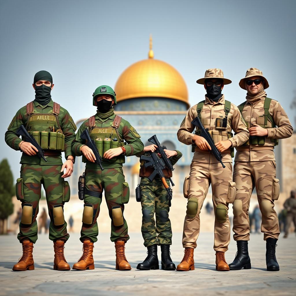Four soldiers standing confidently in front of Al-Aqsa Mosque, each dressed in different military camouflage uniforms