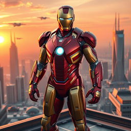 A highly detailed depiction of Iron Man in his iconic red and gold armor, standing confidently on a futuristic city rooftop at sunset