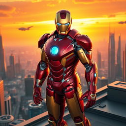 A highly detailed depiction of Iron Man in his iconic red and gold armor, standing confidently on a futuristic city rooftop at sunset