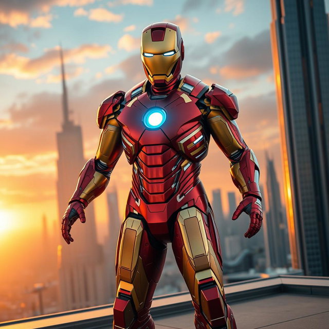 A highly detailed depiction of Iron Man in his iconic red and gold armor, standing confidently on a futuristic city rooftop at sunset
