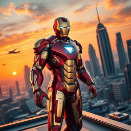 A highly detailed depiction of Iron Man in his iconic red and gold armor, standing confidently on a futuristic city rooftop at sunset