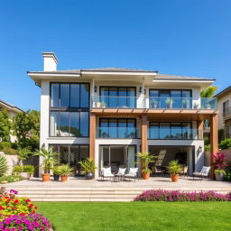 A stunning three-story house with a large terrace, showcasing modern architectural design