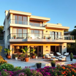 A stunning three-story house with a large terrace, showcasing modern architectural design