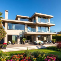 A stunning three-story house with a large terrace, showcasing modern architectural design
