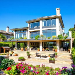 A stunning three-story house with a large terrace, showcasing modern architectural design