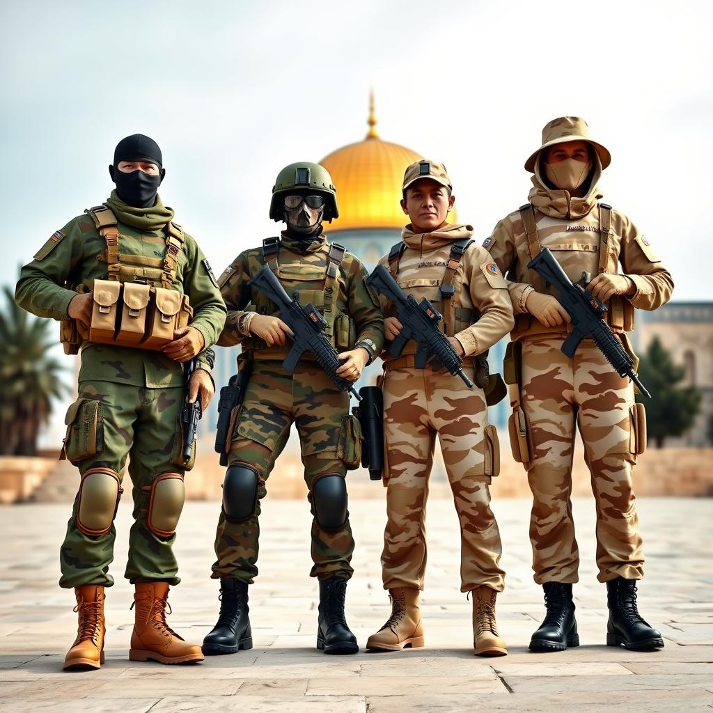 Four soldiers standing confidently in front of Al-Aqsa Mosque, each dressed in diverse military camouflage uniforms