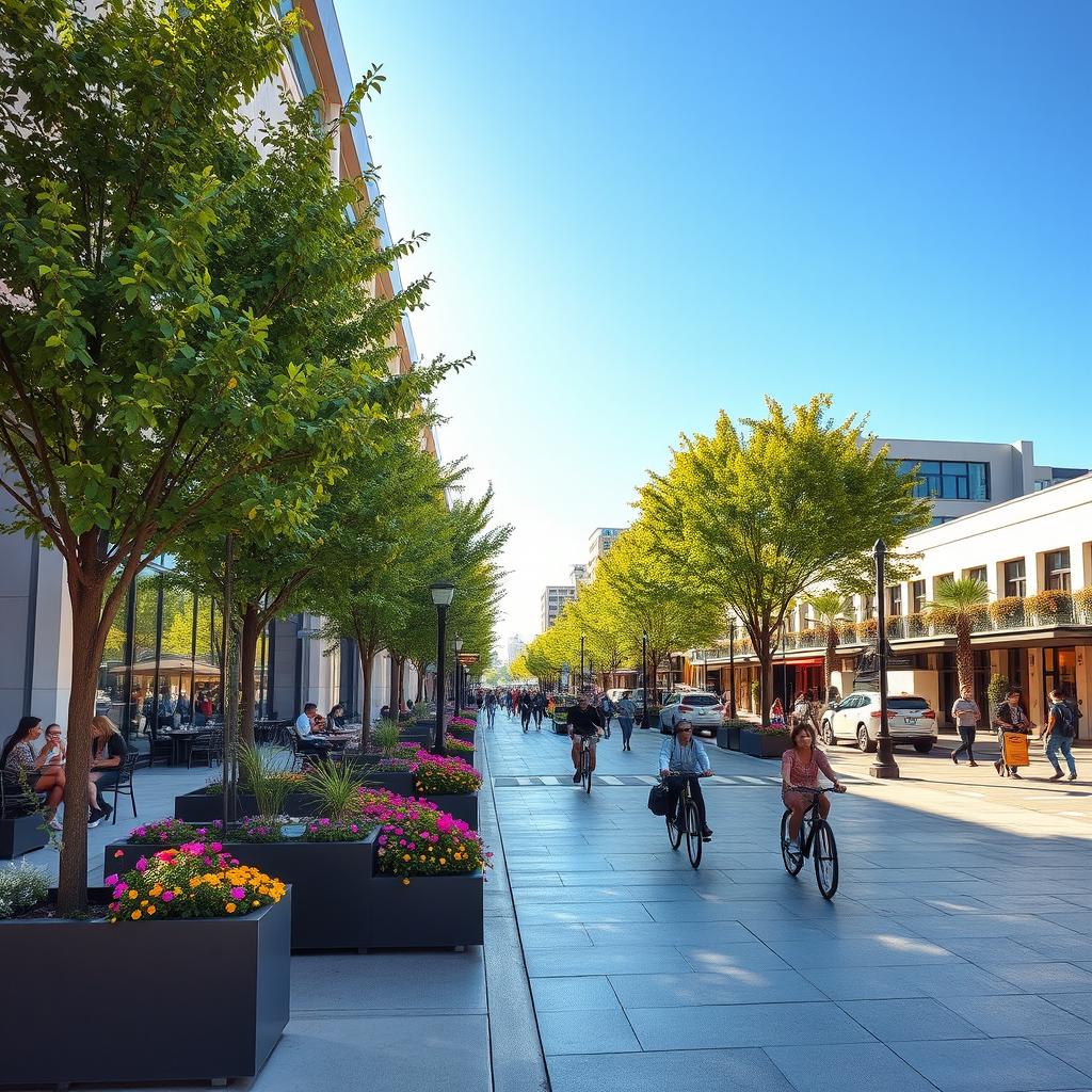 A vibrant and lively city scene showcasing the newly constructed Santa Rosa Avenue