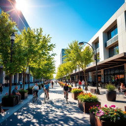 A vibrant and lively city scene showcasing the newly constructed Santa Rosa Avenue