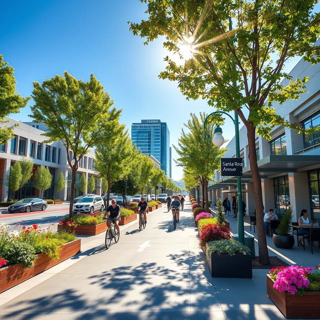 A vibrant and lively city scene showcasing the newly constructed Santa Rosa Avenue