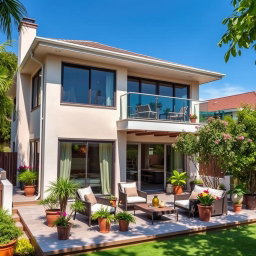 A three-story house featuring a beautiful terrace, designed in a modern architectural style