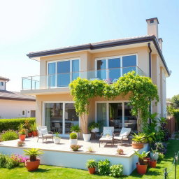 A three-story house featuring a beautiful terrace, designed in a modern architectural style