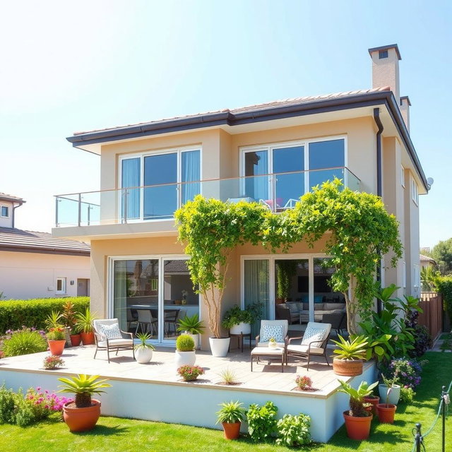 A three-story house featuring a beautiful terrace, designed in a modern architectural style