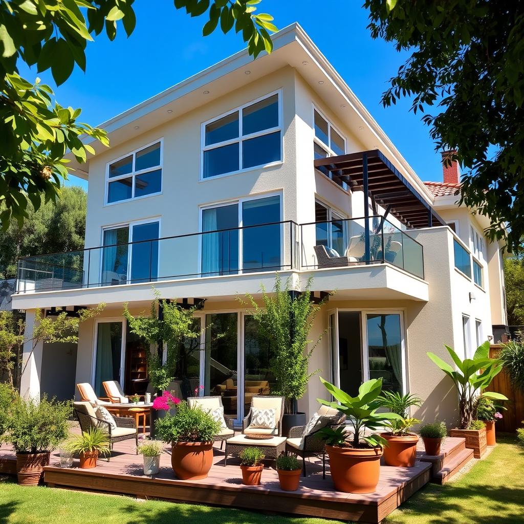 A three-story house featuring a beautiful terrace, designed in a modern architectural style