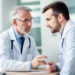 A professional doctor in white coat is having a serious conversation with a patient in a clean, well-lit medical office.