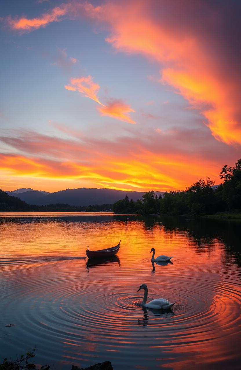 A breathtaking view of a tranquil sunset over a serene lake with a silhouette of mountains in the background