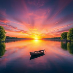 A beautifully balanced digital landscape featuring a serene sunset over a calm lake, with vibrant oranges and purples in the sky