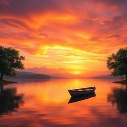 A beautifully balanced digital landscape featuring a serene sunset over a calm lake, with vibrant oranges and purples in the sky