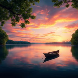 A beautifully balanced digital landscape featuring a serene sunset over a calm lake, with vibrant oranges and purples in the sky