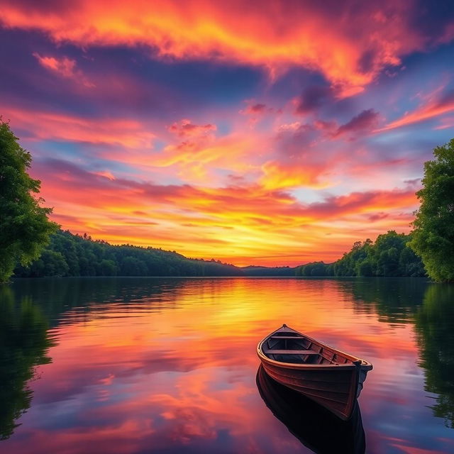 A beautifully balanced digital landscape featuring a serene sunset over a calm lake, with vibrant oranges and purples in the sky