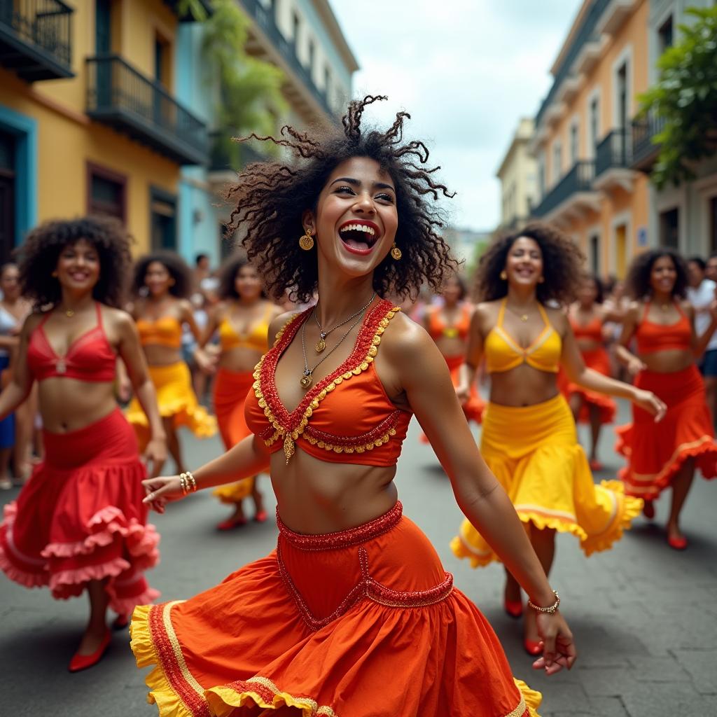 A vibrant scene featuring Cuban dancers in traditional colorful costumes, full of energy and movement, showcasing their intricate footwork and passionate expressions