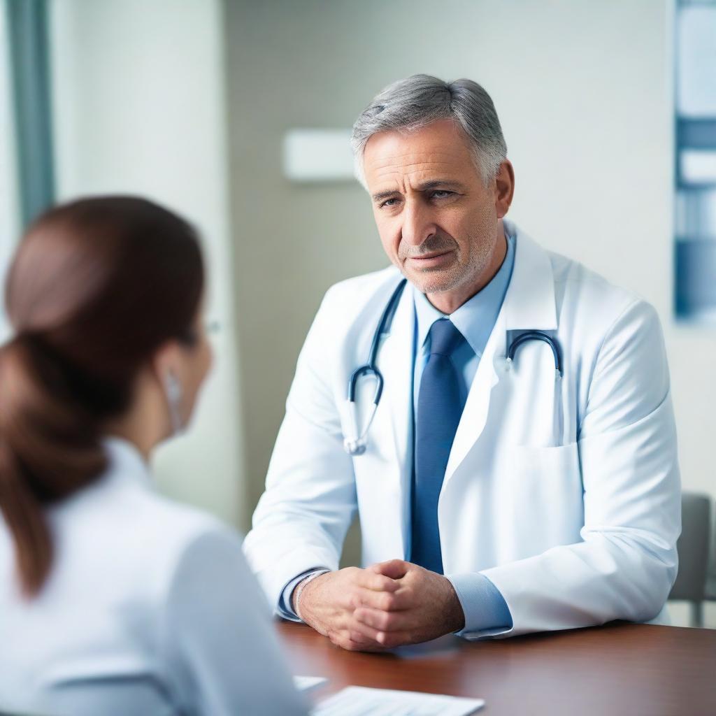 A professional doctor in white coat is having a serious conversation with a patient in a clean, well-lit medical office.