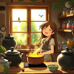 A whimsical Ghibli-inspired scene featuring a young girl joyfully cooking in a cozy, sunlit kitchen