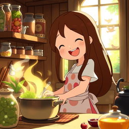 A whimsical Ghibli-inspired scene featuring a young girl joyfully cooking in a cozy, sunlit kitchen