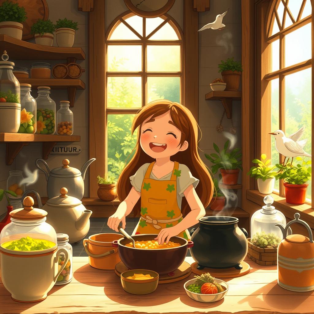 A whimsical Ghibli-inspired scene featuring a young girl joyfully cooking in a cozy, sunlit kitchen